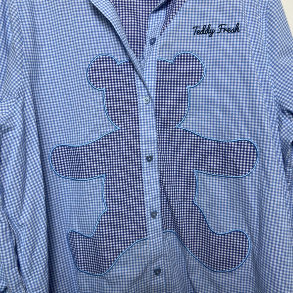 Teddy Fresh Women Gingham Shirt Dress L/XL Blue Bear Lace Trim Patchwork Oversiz - Picture 2 of 13